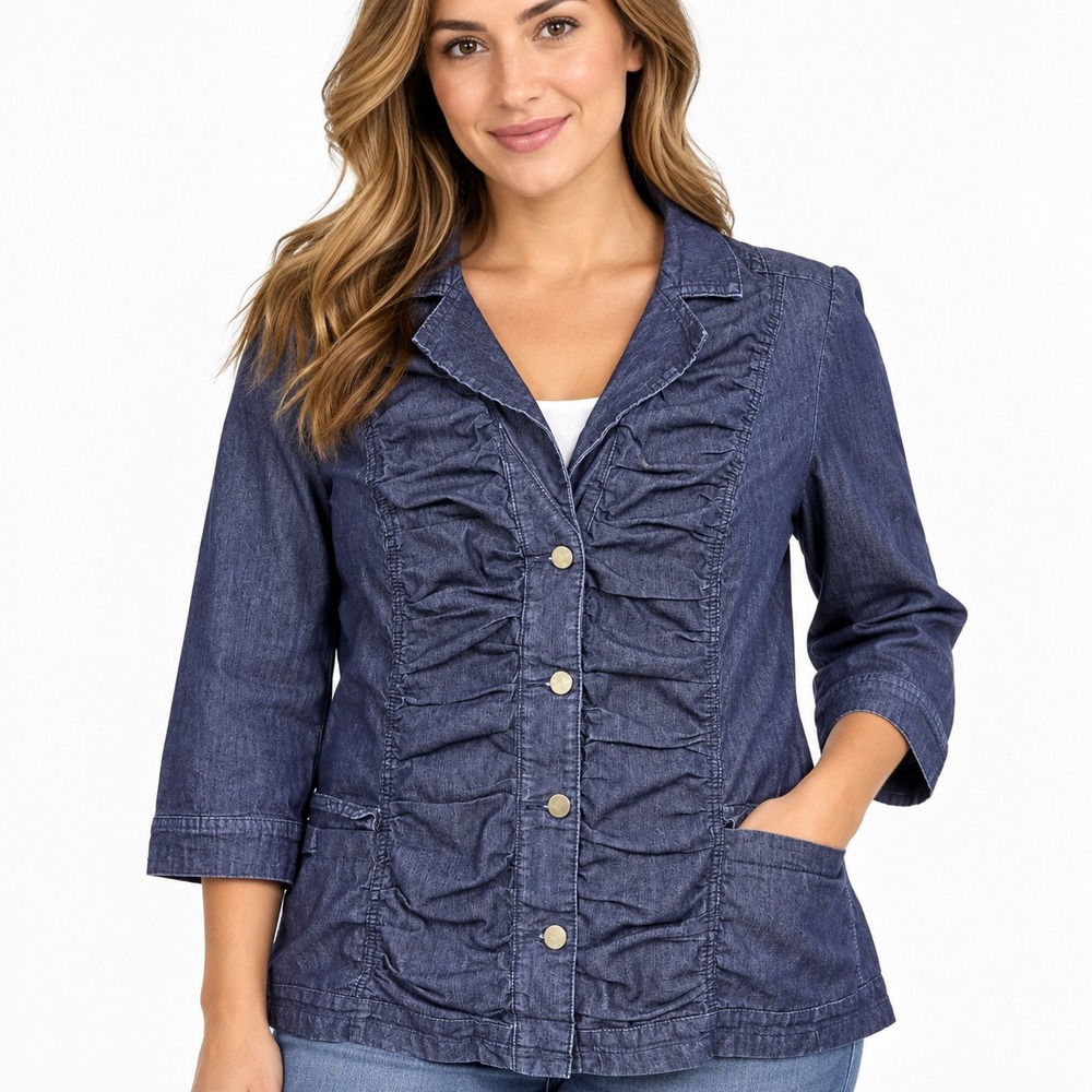 Avenue Womens Blue Denim Ruffle Front Cinched Waist Jacket Plus Size 30/32